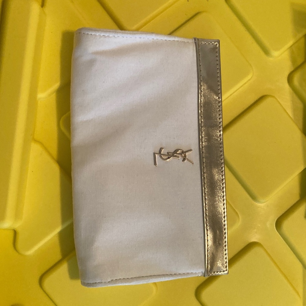 Yves Saint Laurent White & Silver Satin Logo Clutch